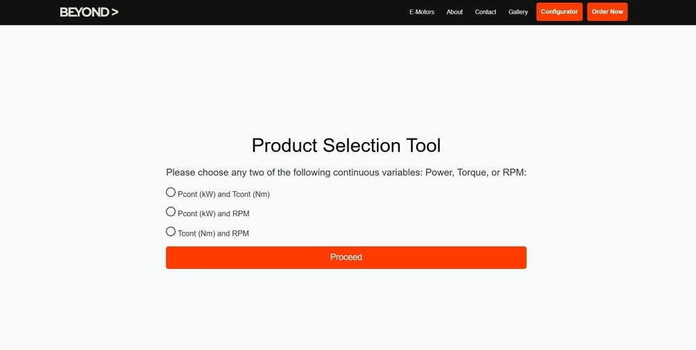 Beyond Motors product selection tool