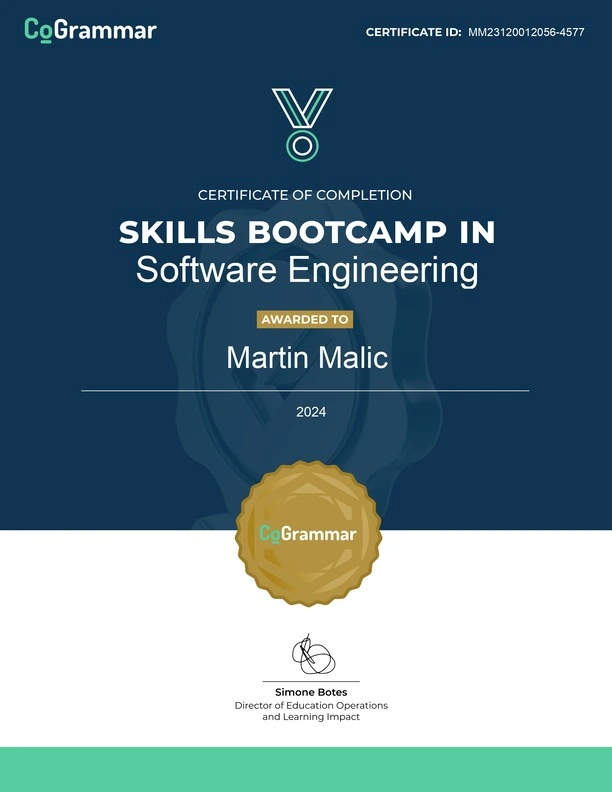 Martin Malic's Certificate